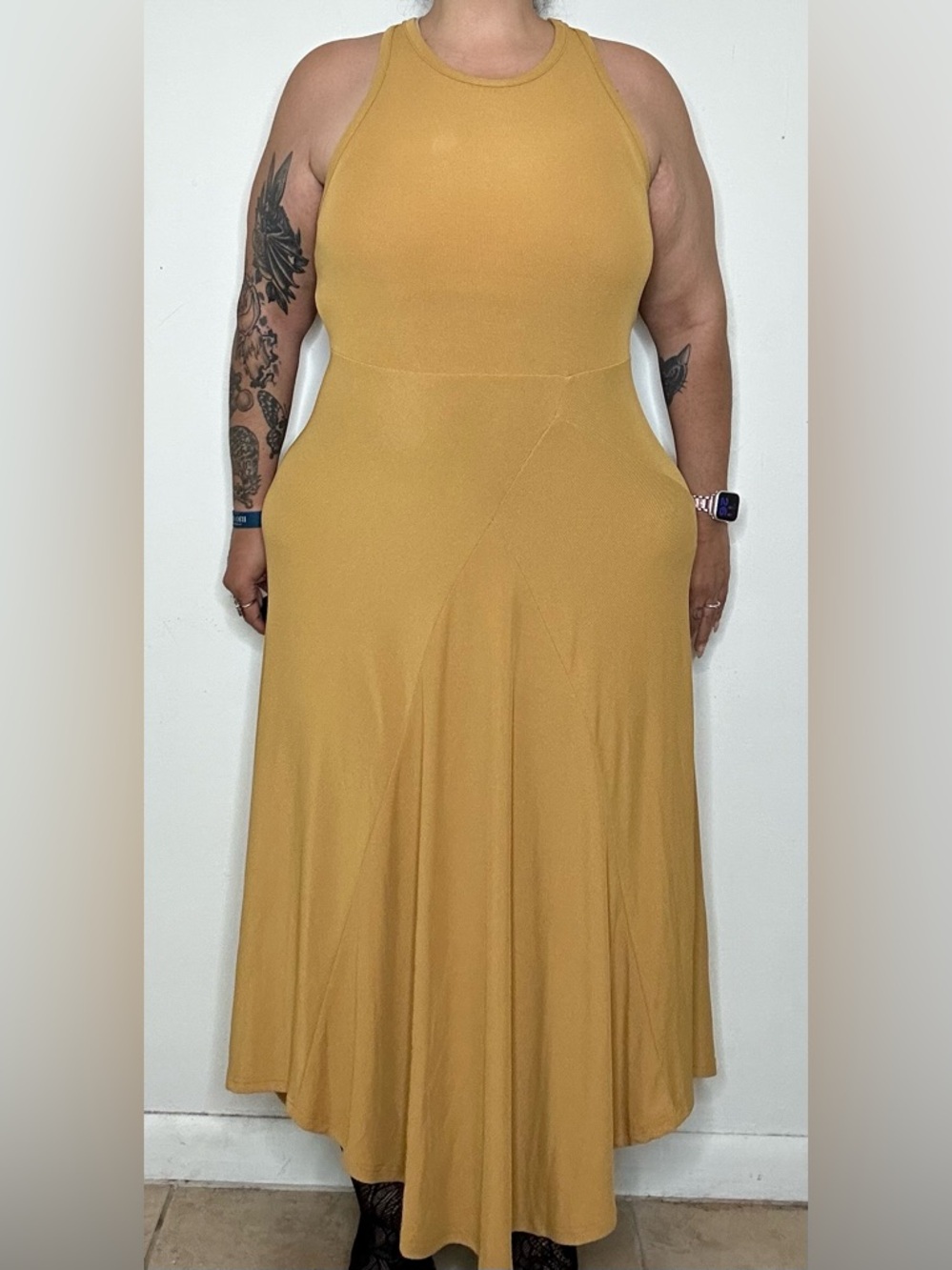 ROUND NECKLINE SOLID ASYMMETRICAL RUFFLE SLEEVELESS MAXI DRESS CURVE & PLUS - Picture 6 of 9